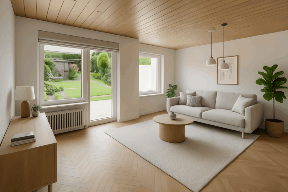 Wohnzimmer KI bearbeitet Reihenmittelhaus Neudenau