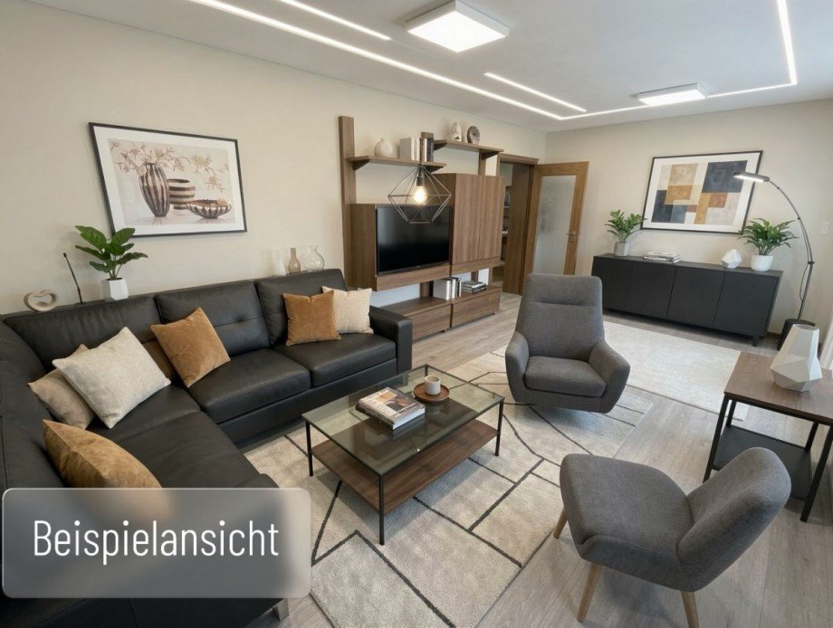 Wohnzimmer KI bearbeitet Reihenmittelhaus Neudenau